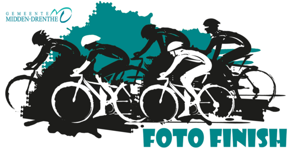 Logo van de foto finish wedstrijd met aantal wielrenners in groen wit en zwart