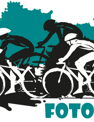 Logo van de foto finish wedstrijd met aantal wielrenners in groen wit en zwart