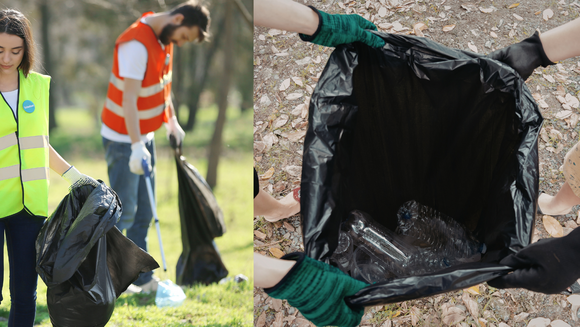 foto's van mensen die zwerfafval opruimen