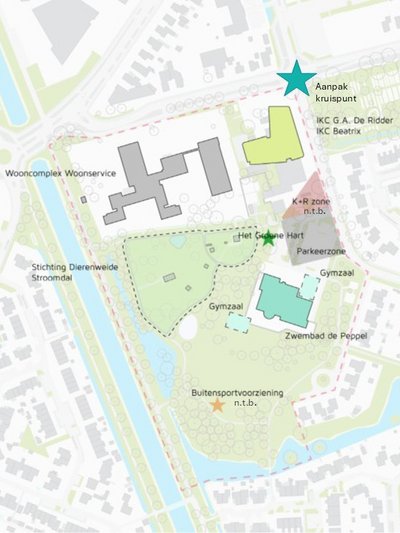 Schets van het nieuwe 't Stroomdalgebied. Het nieuwe gebouw komt ongeveer op dezelfde plek als de G.A. de Ridderschool. Dierenweide, wooncomplex en de Peppel blijven op dezelfde plek.