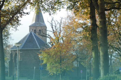 Beeld van een weg door het dorp Westerbork met zicht op de kerk, langs de weg staan bomen.
