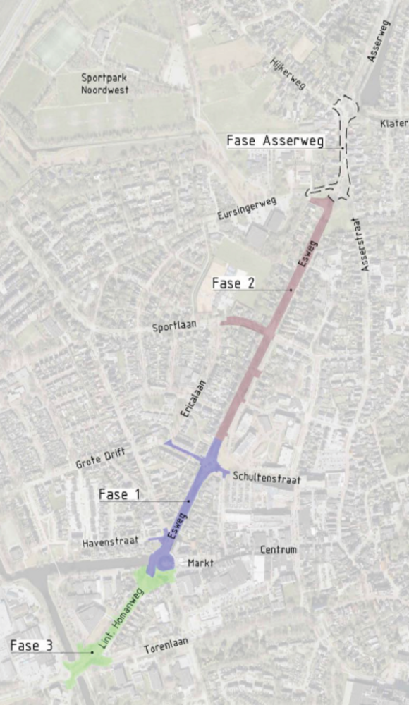 Faseringskaart van wegwerkzaamheden aan de Esweg