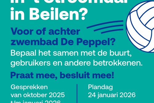 Visual voor het partiicpatietraject Stroomdal. Groene achtergrond met een volleybal aan de rechterkant