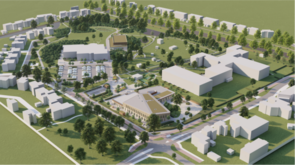 Bovenaanzicht van 't gehele Stroomdalgebied. Vooraan de nieuwe school, daarachter de dierenweide. Naast de school de parkeerplaatsen van De Peppel. Daar deels achter de nieuwe sporthal en het sportveldje.