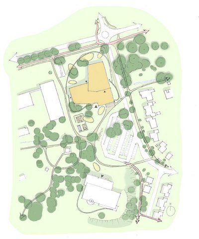 Schets van het nieuwe 't Stroomdalgebied. Het nieuwe gebouw komt ongeveer op dezelfde plek als de G.A. de Ridderschool. 