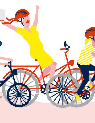 Illustratie van een oma die met twee kleinkinderen aan het fietsen is