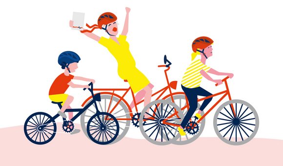Illustratie van een oma die met twee kleinkinderen aan het fietsen is