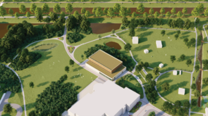 Bovenaanzicht van 't Stroomdalgebied. De nieuwe sporthal komt deels achter het zwembad en naast de dierenweide.